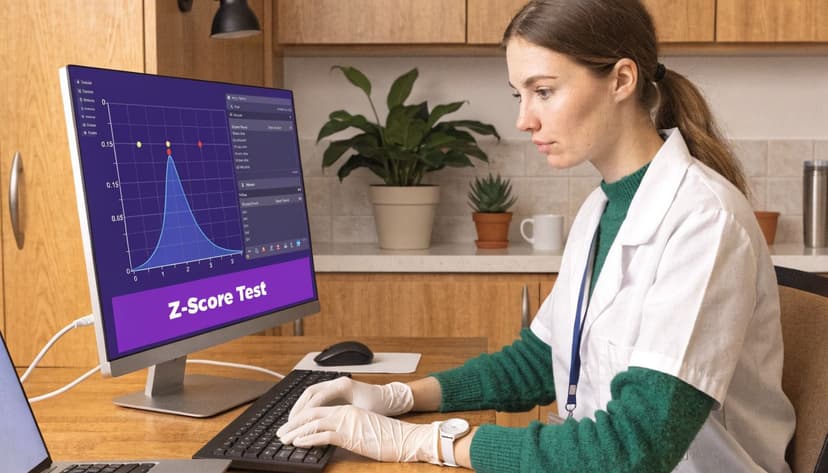 A healthcare professional analyzing statistical Z-score data on a computer monitor in a home office setting.