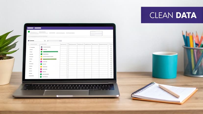 A laptop on a wooden desk displays a data visualization interface with the text 'CLEAN DATA'.