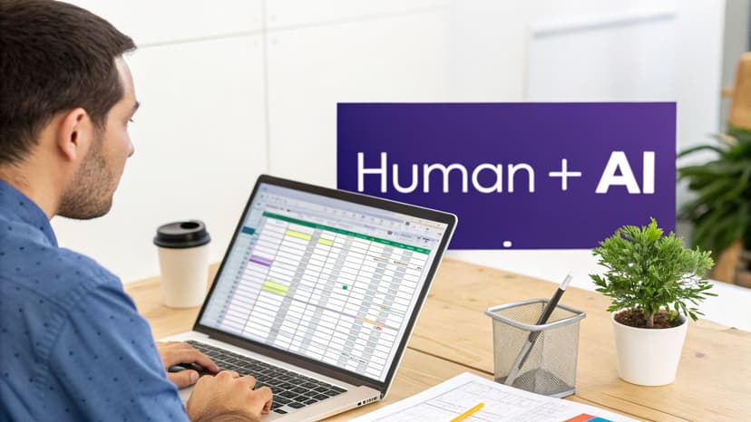 A man working on a laptop with a spreadsheet, a 'Human + AI' sign in the background.
