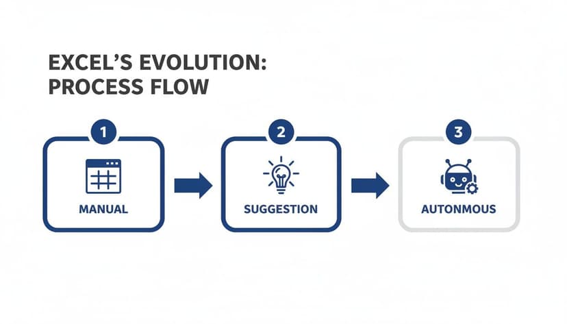A process flow diagram showing Excel's evolution from manual to suggestion to autonomous stages.
