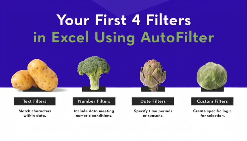 A graphic illustration explaining four types of AutoFilters in Microsoft Excel using vegetable imagery for categories.