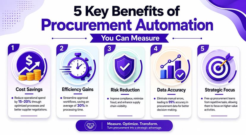 An infographic showing the five key benefits of procurement automation for business processes and efficiency.