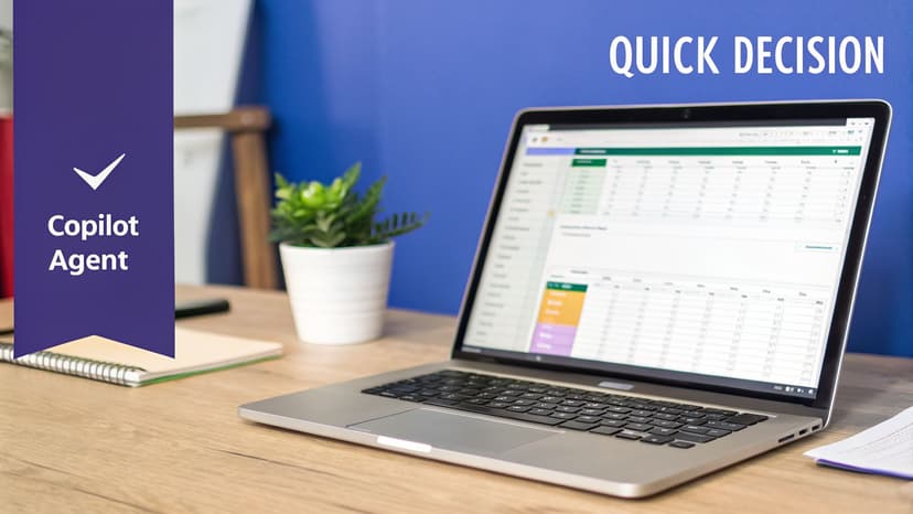 A laptop on a wooden desk displaying a spreadsheet, with 'Copilot Agent' and 'QUICK DECISION' text.