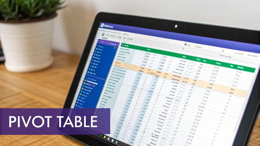 Laptop displaying a detailed data pivot table in a spreadsheet program on a wooden desk.