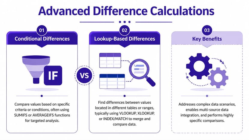 An infographic titled Advanced Difference Calculations comparing conditional and lookup-based methods for data analysis in Excel.