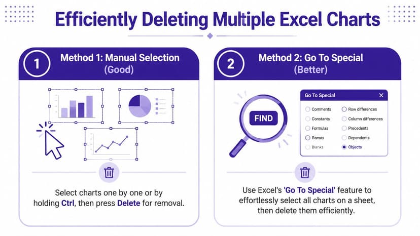 An infographic showing two methods for efficiently deleting multiple charts from an Excel spreadsheet.