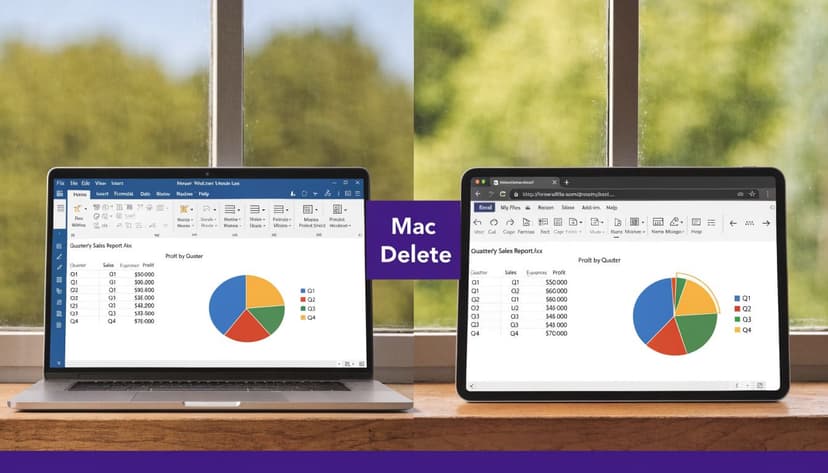 A side-by-side comparison showing two devices displaying spreadsheet software to illustrate how to delete an Excel chart.