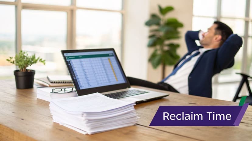 A man relaxes at his office desk with a laptop displaying a spreadsheet, papers, and a plant.