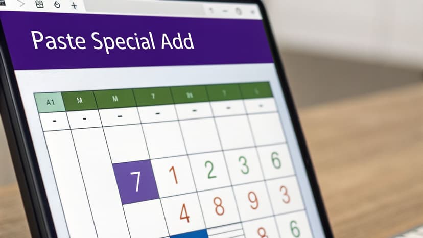A laptop screen displays an Excel spreadsheet with 'Paste Special Add' title and numerical data.