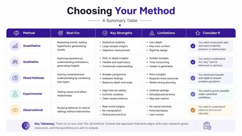 A summary table comparing different research methods including quantitative, qualitative, mixed methods, experimental, and observational approaches.