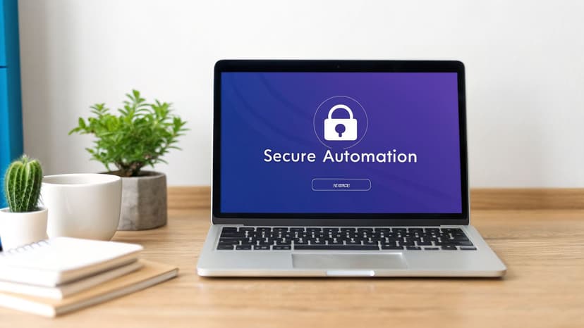 A laptop displaying 'Secure Automation' and a padlock icon on a wooden desk with plants and notebooks.