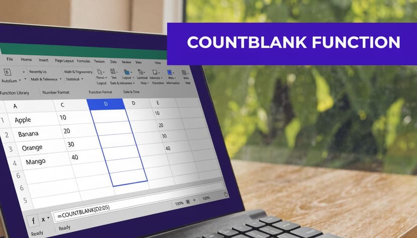 A laptop screen displaying an Excel spreadsheet with the COUNTBLANK function being used to count empty cells.
