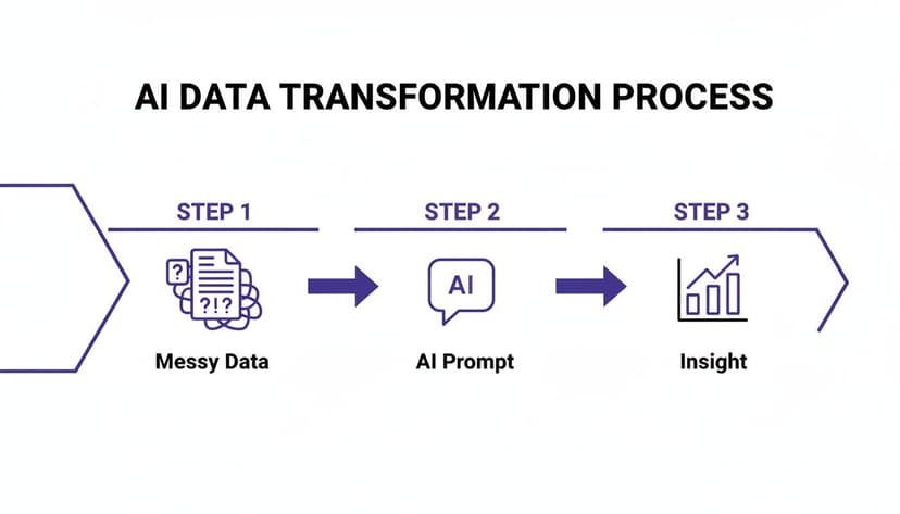 A diagram illustrating the AI data transformation process from messy data to insights via an AI prompt.