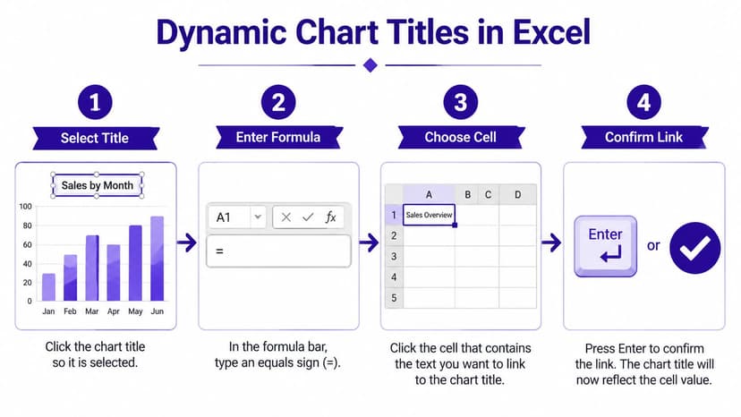 A four-step infographic illustrating how to create dynamic chart titles in Excel using cell references.
