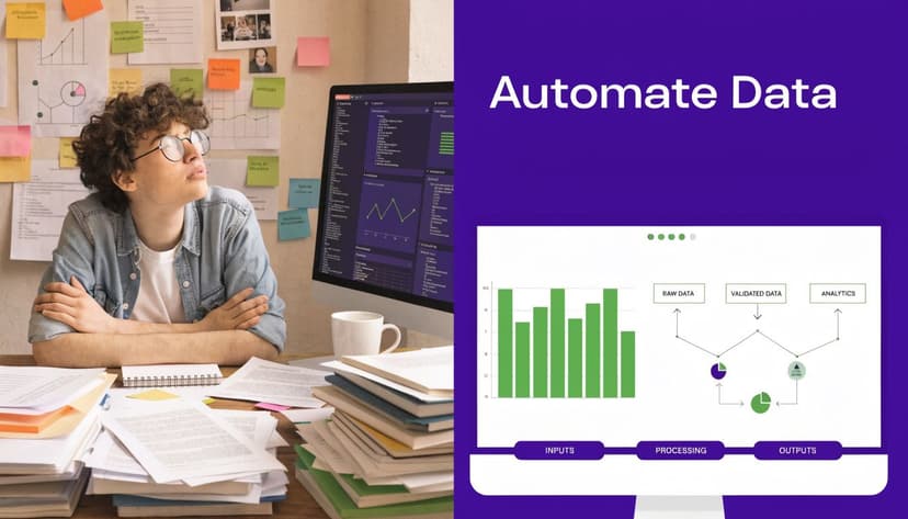 A person sitting at a desk studying while looking at a data automation infographic on a screen.