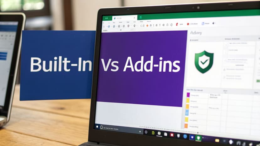 A laptop screen displaying 'Built-In Vs Add-ins' text with a green shield icon.