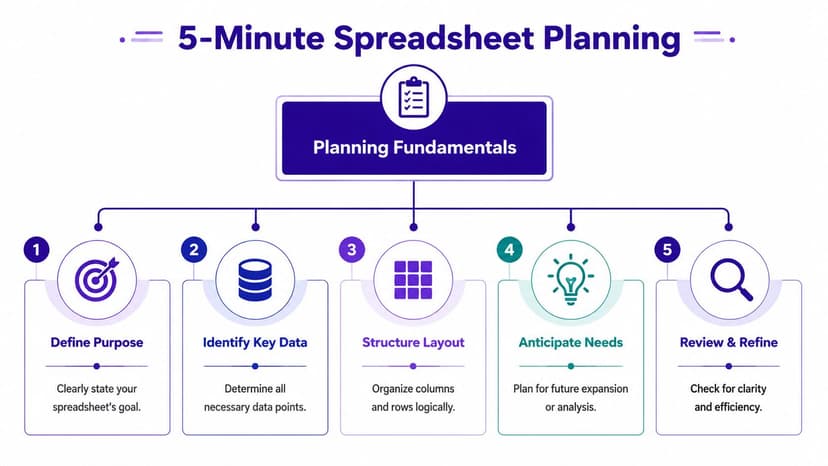 A five-step infographic showing how to plan a spreadsheet efficiently, starting with purpose and ending with review.