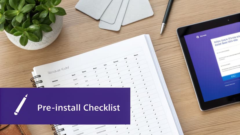 A desk with a plant, pen, tablet, and a notebook featuring a pre-install checklist for installation planning.