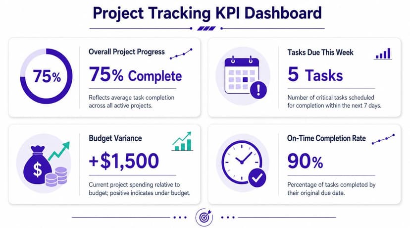 A Project Tracking KPI Dashboard displaying progress, tasks due, budget variance, and on-time completion rates.