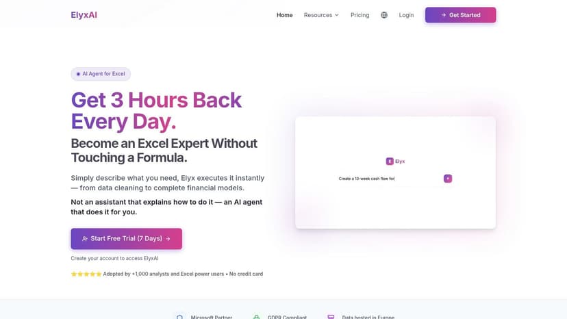 Elyx AI interface showing a user requesting an analysis and the AI generating charts and tables.