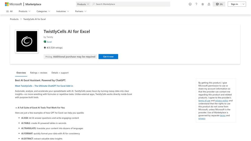 ChatGPT for Excel AppSource add-in interface showing the AI assistant pane
